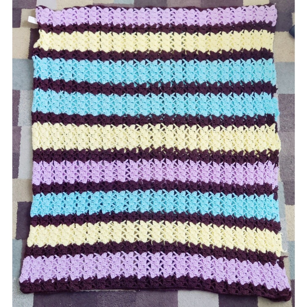 Handmade Crochet Heavy Knit Afghan Throw/Pastels Stripes 7.6ft X 3.9ft
